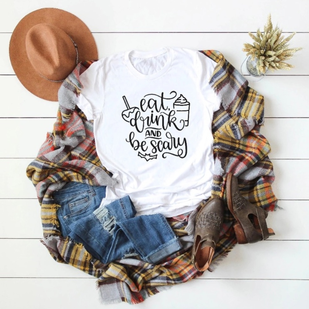 White Halloween Eat Drink Be Scary New Graphic Tee